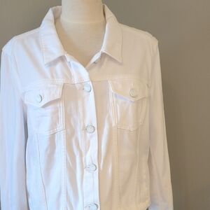 Paige Crisp White Jean Jacket With Fringe Bottom. Size Large.